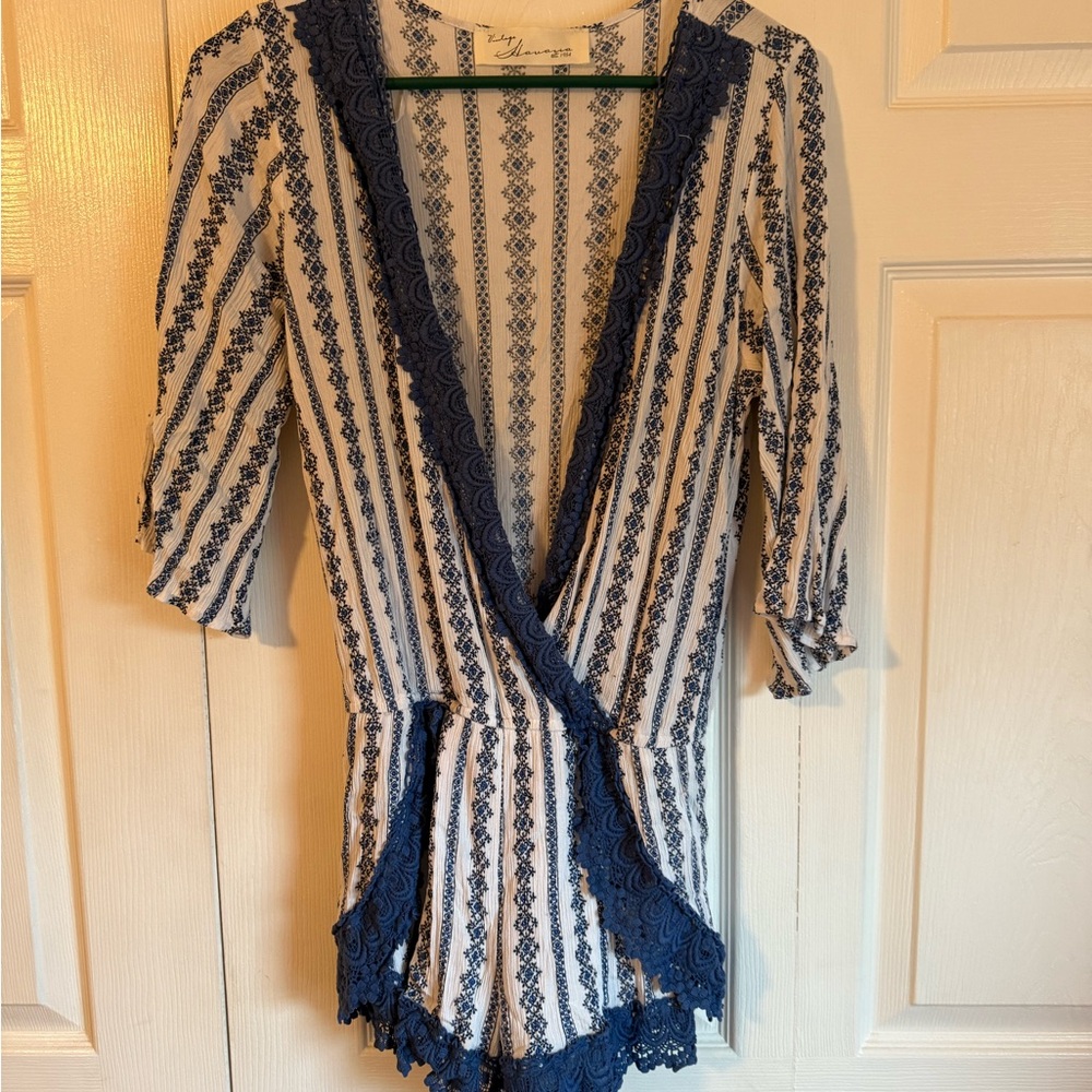 Blue and White Striped Women's Romper